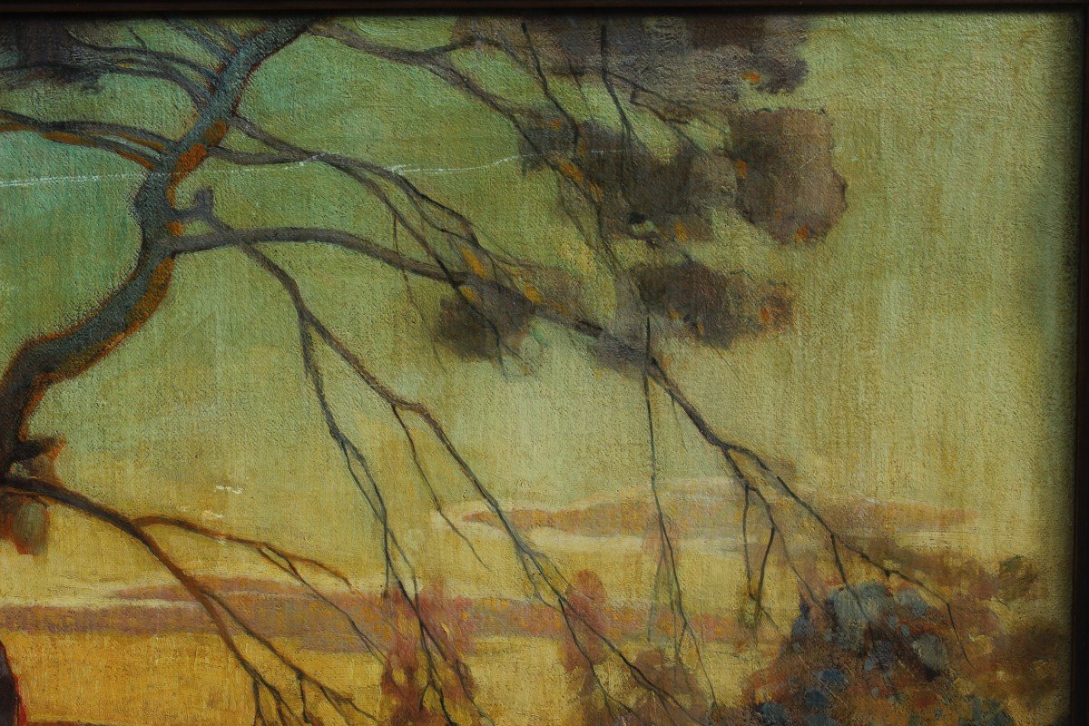 Paysage crépusculaire style art nouveau, arbre - Ecole Allemande W. Gress 1920-photo-2