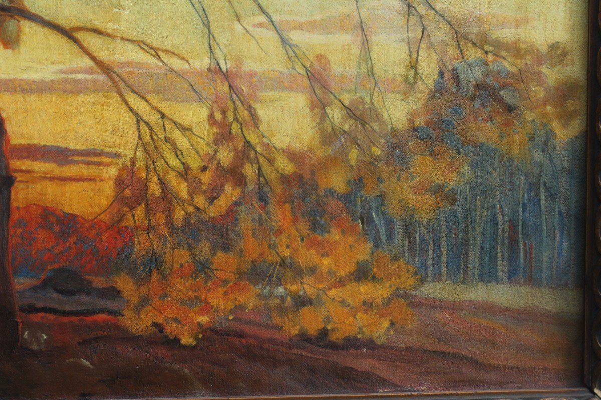 Paysage crépusculaire style art nouveau, arbre - Ecole Allemande W. Gress 1920-photo-3