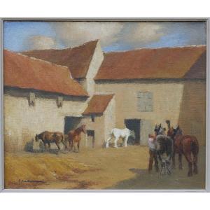 Pierre LADUREAU (1882-1974) - Chevaux dans une cour de ferme