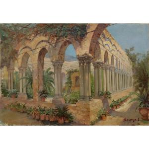 Cloître de l' Église Saint-Jean des Ermites à Palerme en Sicile - Tableau début XXè signé