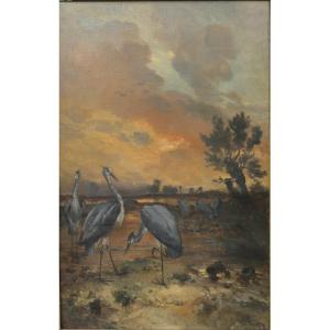 Grand tableau de Philippe ROUSSEAU (1816-1887).  Les hérons au crépuscule.