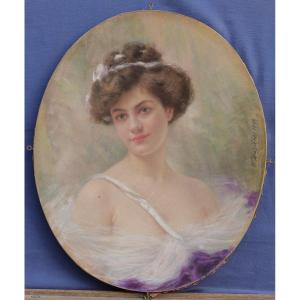 Portrait Of A Woman 1908, Pastel Signed F. Mazières