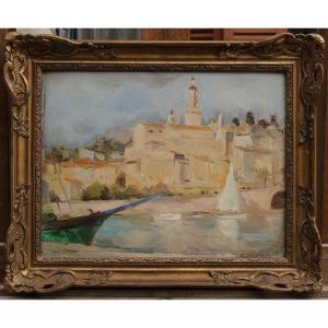 Vue de Menton, voilier. Frédéric Léon DESHAYES (1883-1970)