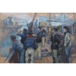 Charles FOUQUERAY (1869/72-1956). Equipage à bord d'un navire de la Marine nationale 