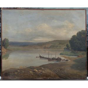 19th Century Landscape, Boats On A River, Oil On Paper