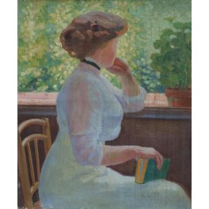Femme au livre devant une fenêtre. Ecole début XXè