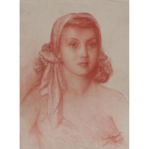 Portrait de jeune fille au foulard. Charles Eugène DESCOUST (1882-1979)
