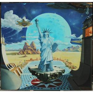 Very Large Science Fiction Painting With Statue Of Liberty, 1980. P Marchesseau