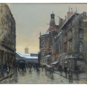 Paris Les Halles And Saint-eustache Church, Snow. Emile Cagniart (1851-1911)