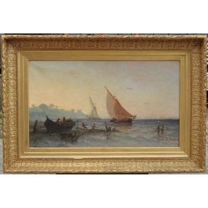 Large Seascape Of Fishermen In Front Of Marseille. Joseph Suchet (1824-1896). Large Painting