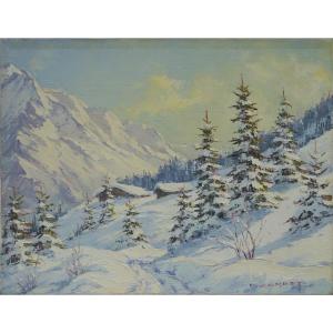Paul CORBET (1920-2005). Paysage de montagne enneigé