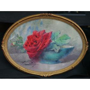 Blanche ODIN (1865-1957). Rose rouge dans une coupe bleue.