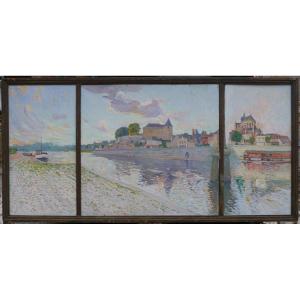 Large Triptych Depicting The Town Of Mayenne Around 1930, With Its Castle And Basilica.