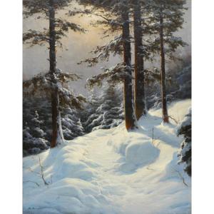 Grand tableau de montagne, sapins et chemin dans la neige. Carl KENZLER (1872-1947)