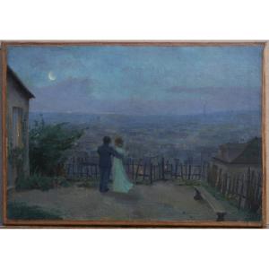 Couple admirant Paris la nuit, 1900. Gaston KNECHT (1875-1968)