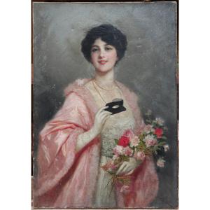 Femme au masque et roses. Lucius ROSSI (1846-1913)