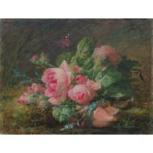 Roses et papillon. André PERRACHON (1827-1909)