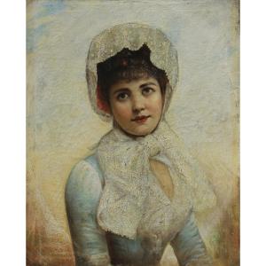 Portrait Of An Elegant Woman In A Lace Hat, Late 19th Century, European School, Signed.