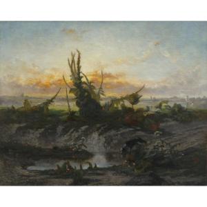 Paysage crépusculaire, chien, bouillon blanc, 1856. Julien GIRARDIN (1824-1896)