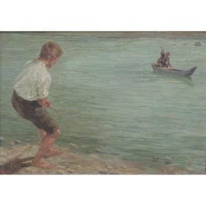 Andreas Einberger (1878-1953). Man Pulling A Boat On A Lake In Tyrol, Austria. Large Format