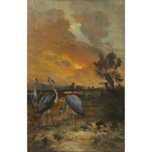 Large Painting, Herons At Dusk. Philippe Rousseau (1816-1887)