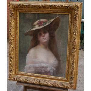 Portrait de jeune femme au chapeau. Andrée DELIONS XIX-XXè
