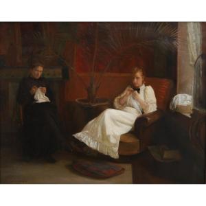 Paul René Schutzenberger (1860-1916). Two Young Women In An Interior, Large Painting.