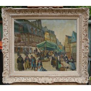 Market In Pontivy, Brittany By Forestier Circa 1930/50