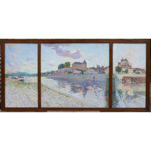 Large Triptych Of The City Of Mayenne Around 1930, Castle And Basilica