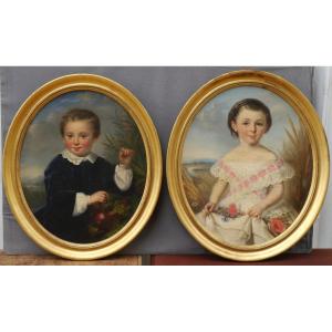 Deux portraits d'enfants vers 1850. Léonie PRIN (1820-?)