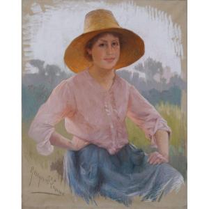 Portrait de jeune femme au chapeau de paille. Georges SAINT-LANNE (1848-1912)