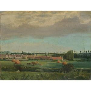 Les moissons, scène agricole. Ecole XIXè