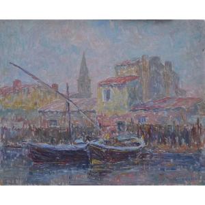 Henri AURRENS (1873-1934). Barques amarrées. Martigues, Ferrieres,Saint-Louis d'Anjou ?