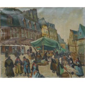 Marché à Pontivy en Bretagne par Forestier vers 1930/50