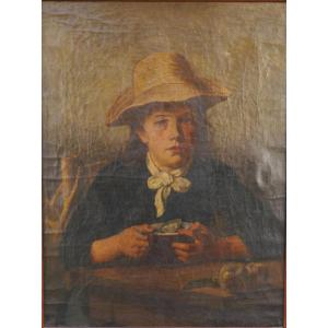Portrait d'enfant au chapeau à son repas, Ecole XIXè
