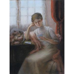Grand portrait au pastel, femme à la lettre 1910. Suzanne BUSMEY (19è-20è)
