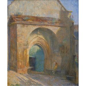 Femme devant le portail d'une église. Renée Flourens XIX-XXè