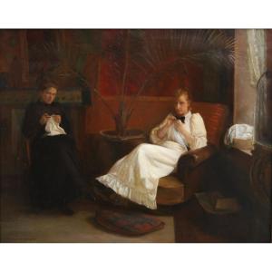 Paul René SCHUTZENBERGER (1860-1916). Femmes dans un intérieur, grand tableau,Alsace