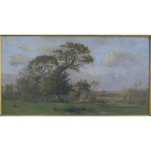 Pierre Emmanuel DAMOYE (1847-1916). Paysage animé, vaches.