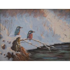 Kingfishers In The Snow. Signed, 20th-century School, Large Painting