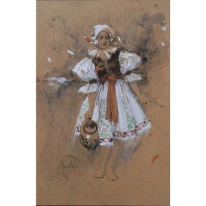 Ludwig MAROLD (1865-1898). Jeune fille en costume traditionnel tchèque