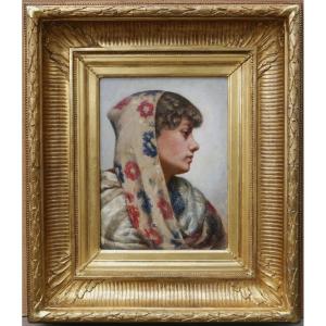 Portrait Of A Woman Wearing A Scarf, Circa 1900, Monogrammed "bm," Gilded Grooved Frame
