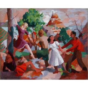 Rosamonde AUBREY-PLISSON (XXe). Scène animée vers 1940, personnages dans un paysage cubisant