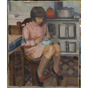 Jeune fille au tricot dans une cuisine, Ecole vers 1930/40
