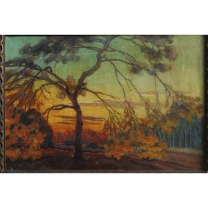 Paysage crépusculaire style art nouveau, arbre - Ecole Allemande W. Gress 1920