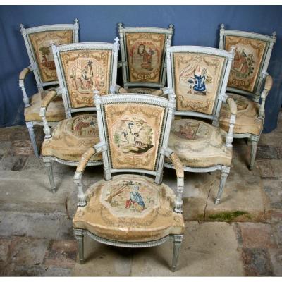 Suite De 6 Fauteuils XVIIIème d'époque Louis XVI à Tapisserie Aux Chinois