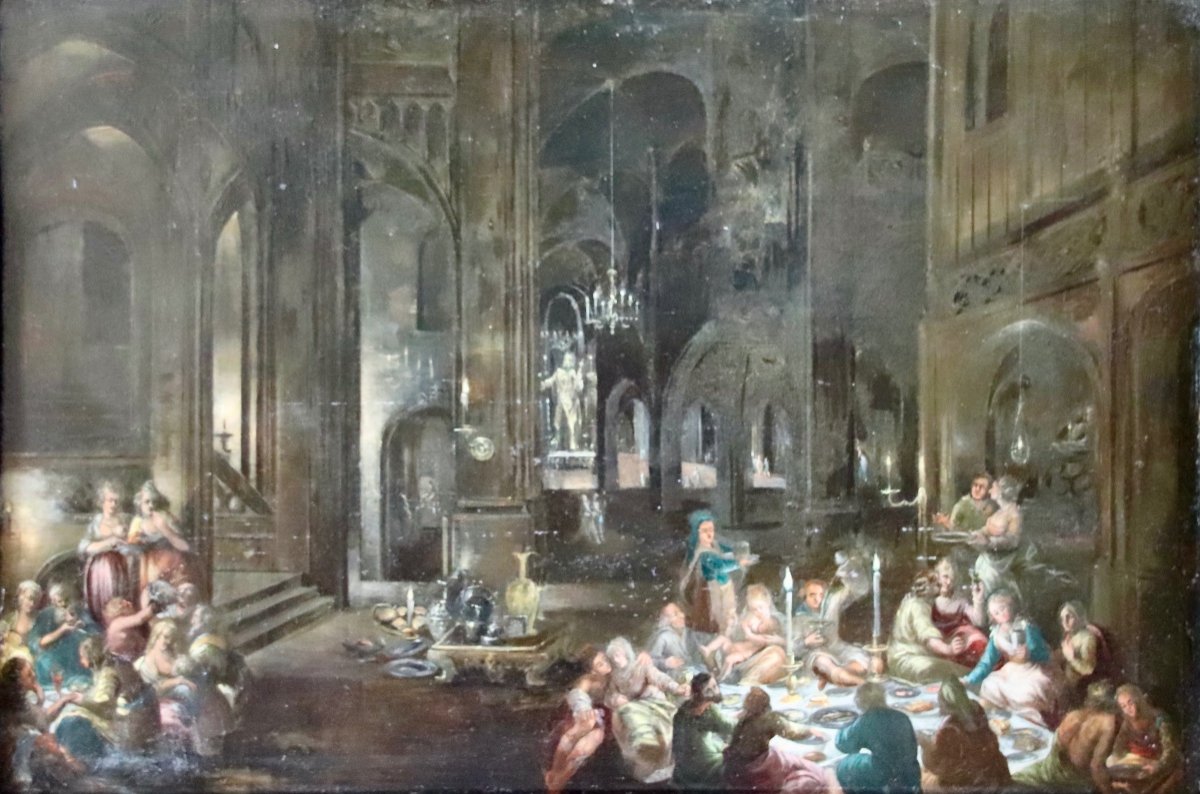 Grande Peinture Sur Cuivre Flamande d'&eacute;poque XVII&egrave;me Sc&egrave;ne De Banquet-photo-2