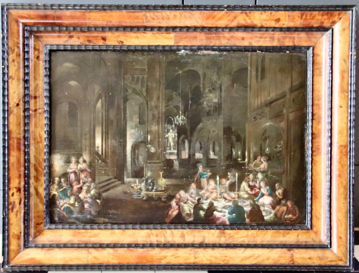 Grande Peinture Sur Cuivre Flamande d'&eacute;poque XVII&egrave;me Sc&egrave;ne De Banquet-photo-3