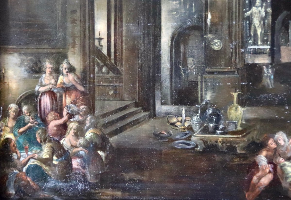 Grande Peinture Sur Cuivre Flamande d'&eacute;poque XVII&egrave;me Sc&egrave;ne De Banquet-photo-5