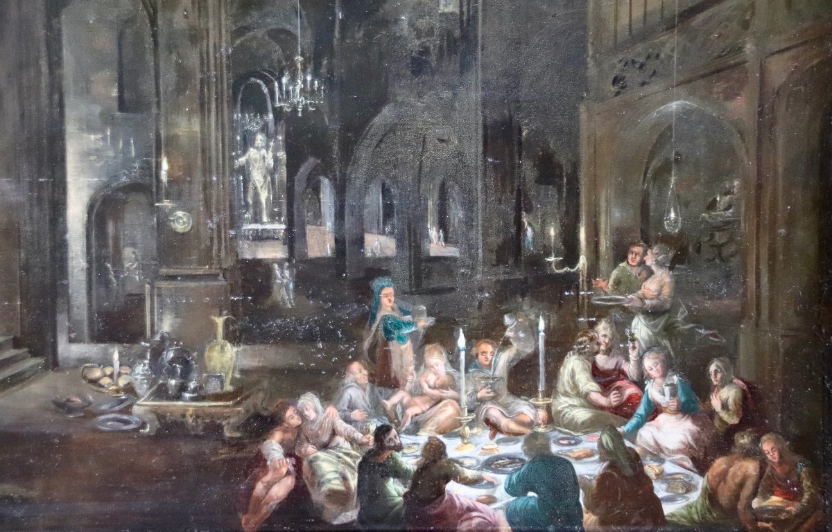 Grande Peinture Sur Cuivre Flamande d'&eacute;poque XVII&egrave;me Sc&egrave;ne De Banquet-photo-6